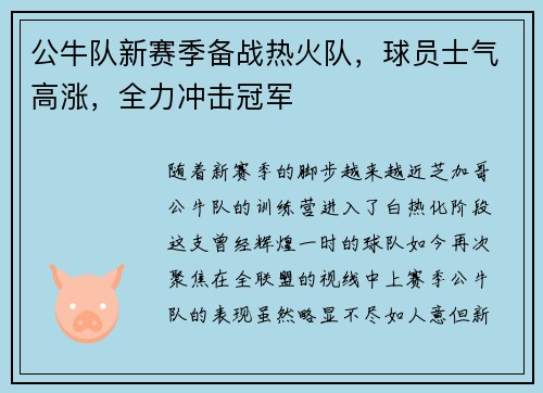 公牛队新赛季备战热火队，球员士气高涨，全力冲击冠军