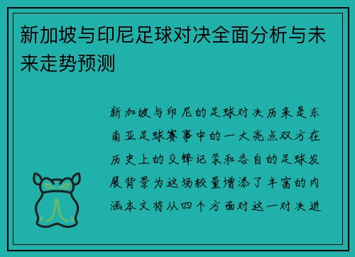 新加坡与印尼足球对决全面分析与未来走势预测