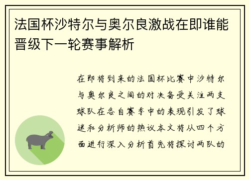 法国杯沙特尔与奥尔良激战在即谁能晋级下一轮赛事解析