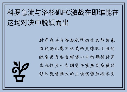 科罗急流与洛杉矶FC激战在即谁能在这场对决中脱颖而出