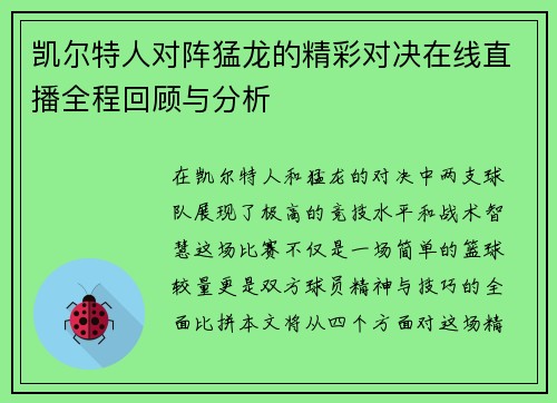 凯尔特人对阵猛龙的精彩对决在线直播全程回顾与分析
