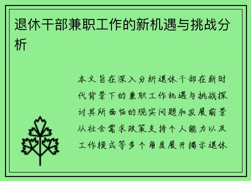 退休干部兼职工作的新机遇与挑战分析