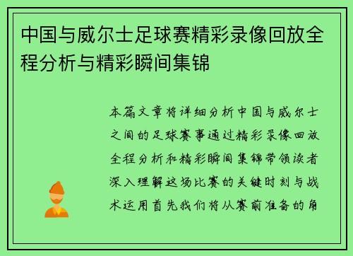 中国与威尔士足球赛精彩录像回放全程分析与精彩瞬间集锦