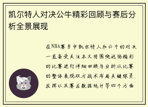 凯尔特人对决公牛精彩回顾与赛后分析全景展现