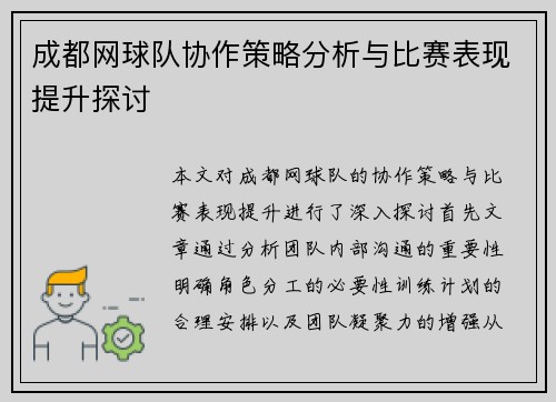 成都网球队协作策略分析与比赛表现提升探讨
